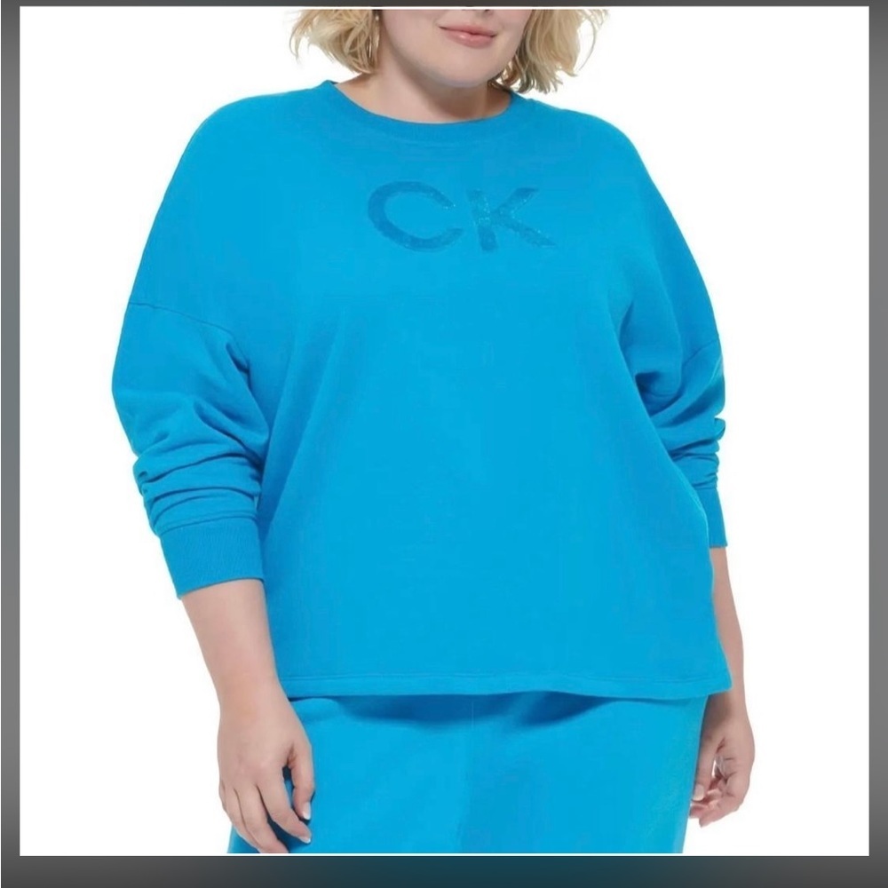 NWT Calvin Klein Performance Plus Size Logo Fleece Crewneck Sweatshirt Blue